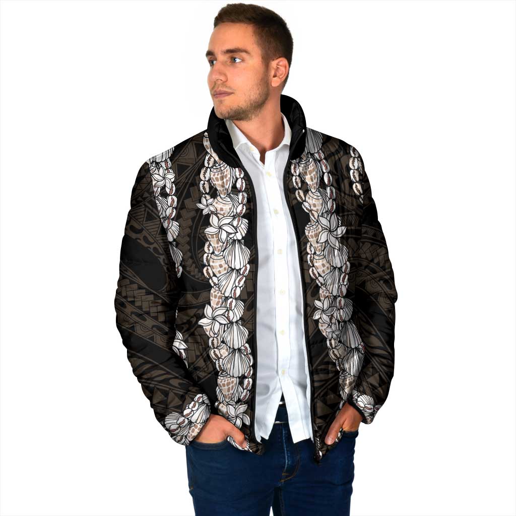Black and Beige Hawaii Shell Lei Padded Jacket Hawaiian Sunrise Shell Hebrew Cone Plumeria - Polynesian Pride