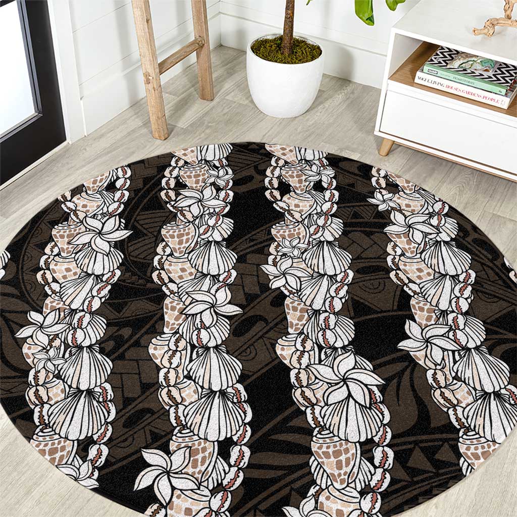 Black and Beige Hawaii Shell Lei Round Carpet Hawaiian Sunrise Shell Hebrew Cone Plumeria LT14 Black - Polynesian Pride