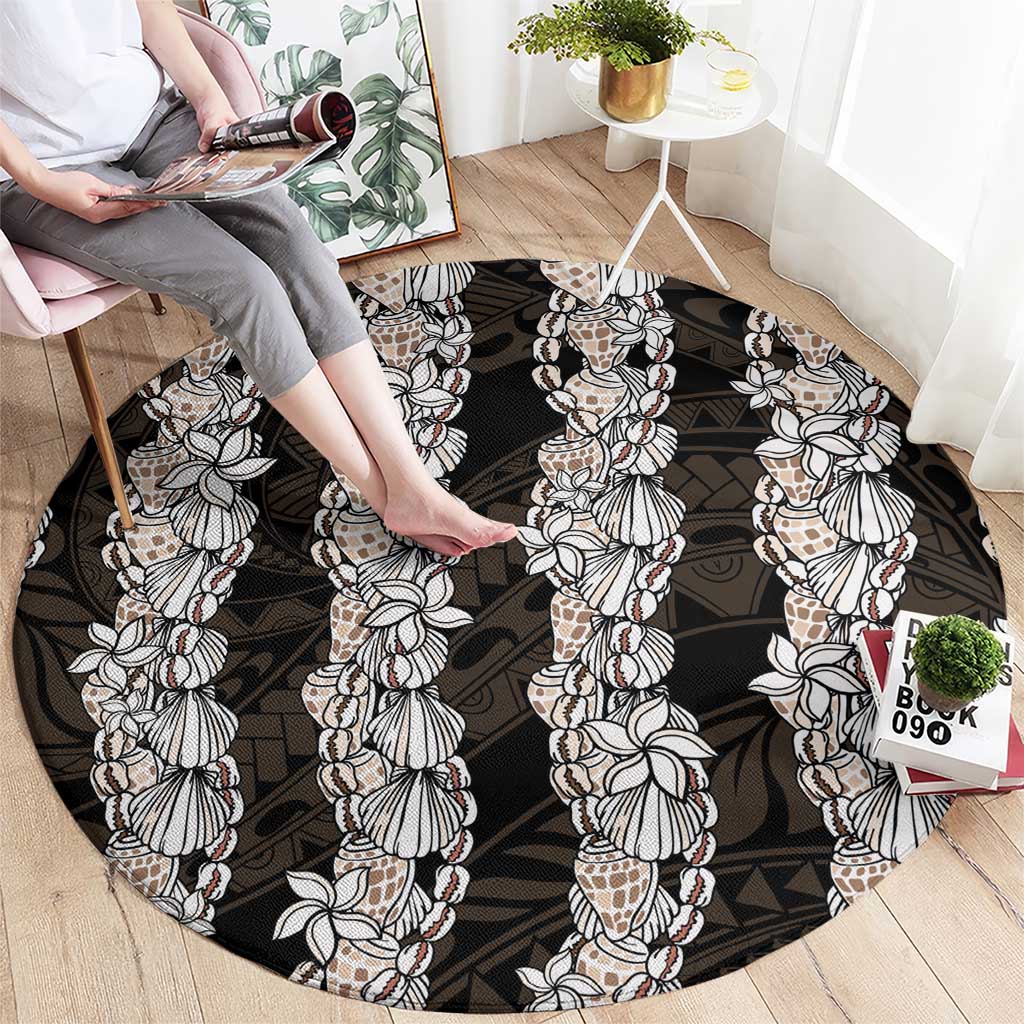 Black and Beige Hawaii Shell Lei Round Carpet Hawaiian Sunrise Shell Hebrew Cone Plumeria LT14 - Polynesian Pride