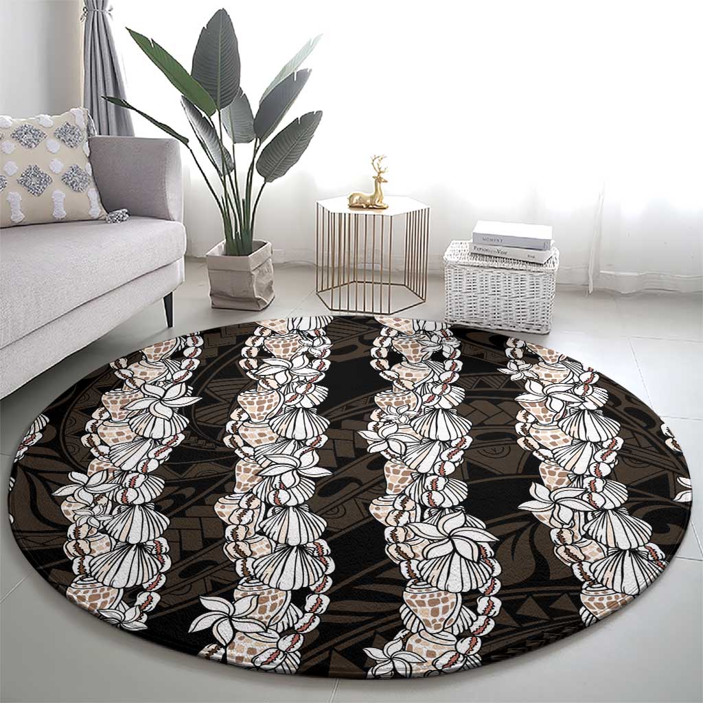 Black and Beige Hawaii Shell Lei Round Carpet Hawaiian Sunrise Shell Hebrew Cone Plumeria LT14 - Polynesian Pride