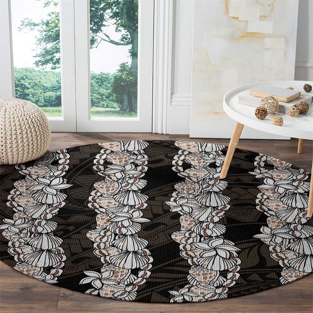 Black and Beige Hawaii Shell Lei Round Carpet Hawaiian Sunrise Shell Hebrew Cone Plumeria LT14 - Polynesian Pride