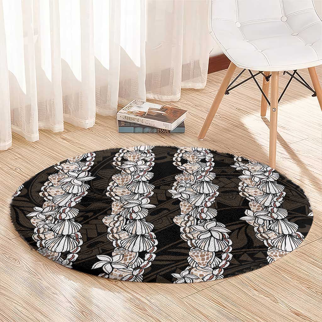 Black and Beige Hawaii Shell Lei Round Carpet Hawaiian Sunrise Shell Hebrew Cone Plumeria LT14 - Polynesian Pride
