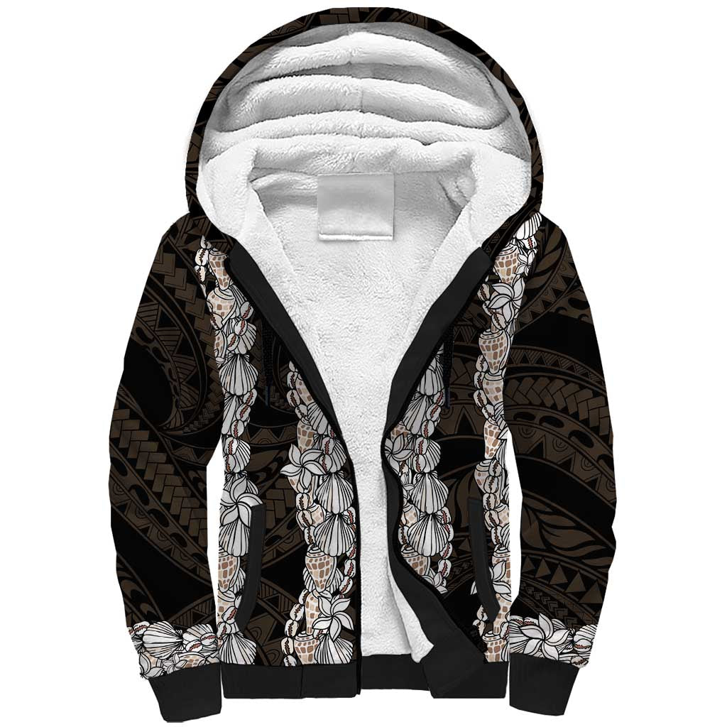 Black and Beige Hawaii Shell Lei Sherpa Hoodie Hawaiian Sunrise Shell Hebrew Cone Plumeria - Polynesian Pride