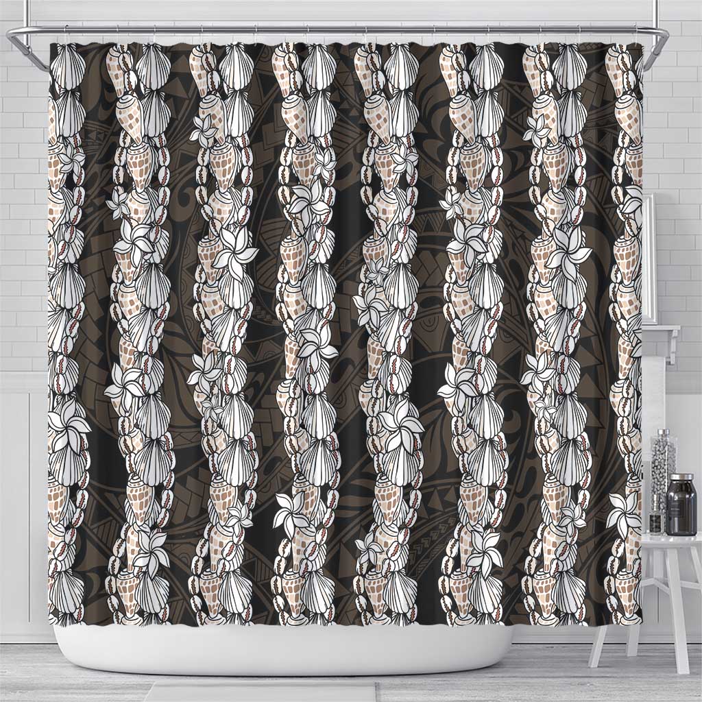 Black and Beige Hawaii Shell Lei Shower Curtain Hawaiian Sunrise Shell Hebrew Cone Plumeria - Polynesian Pride