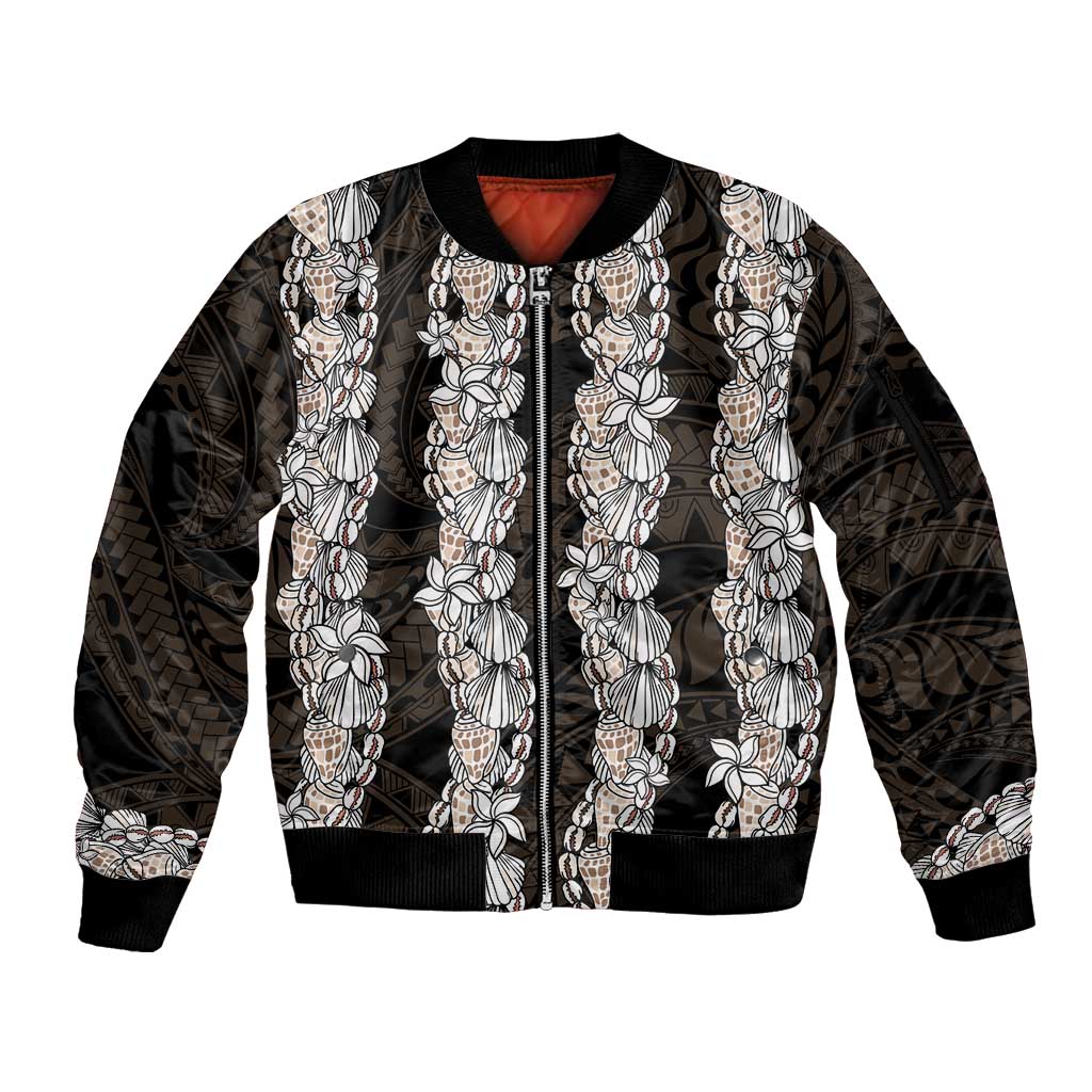 Black and Beige Hawaii Shell Lei Sleeve Zip Bomber Jacket Hawaiian Sunrise Shell Hebrew Cone Plumeria - Polynesian Pride