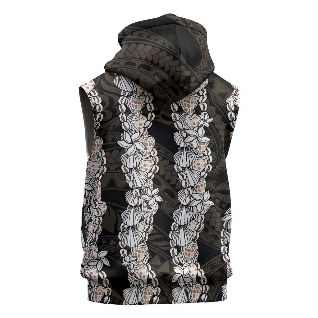 Black and Beige Hawaii Shell Lei Sleeveless Hoodie Hawaiian Sunrise Shell Hebrew Cone Plumeria - Polynesian Pride