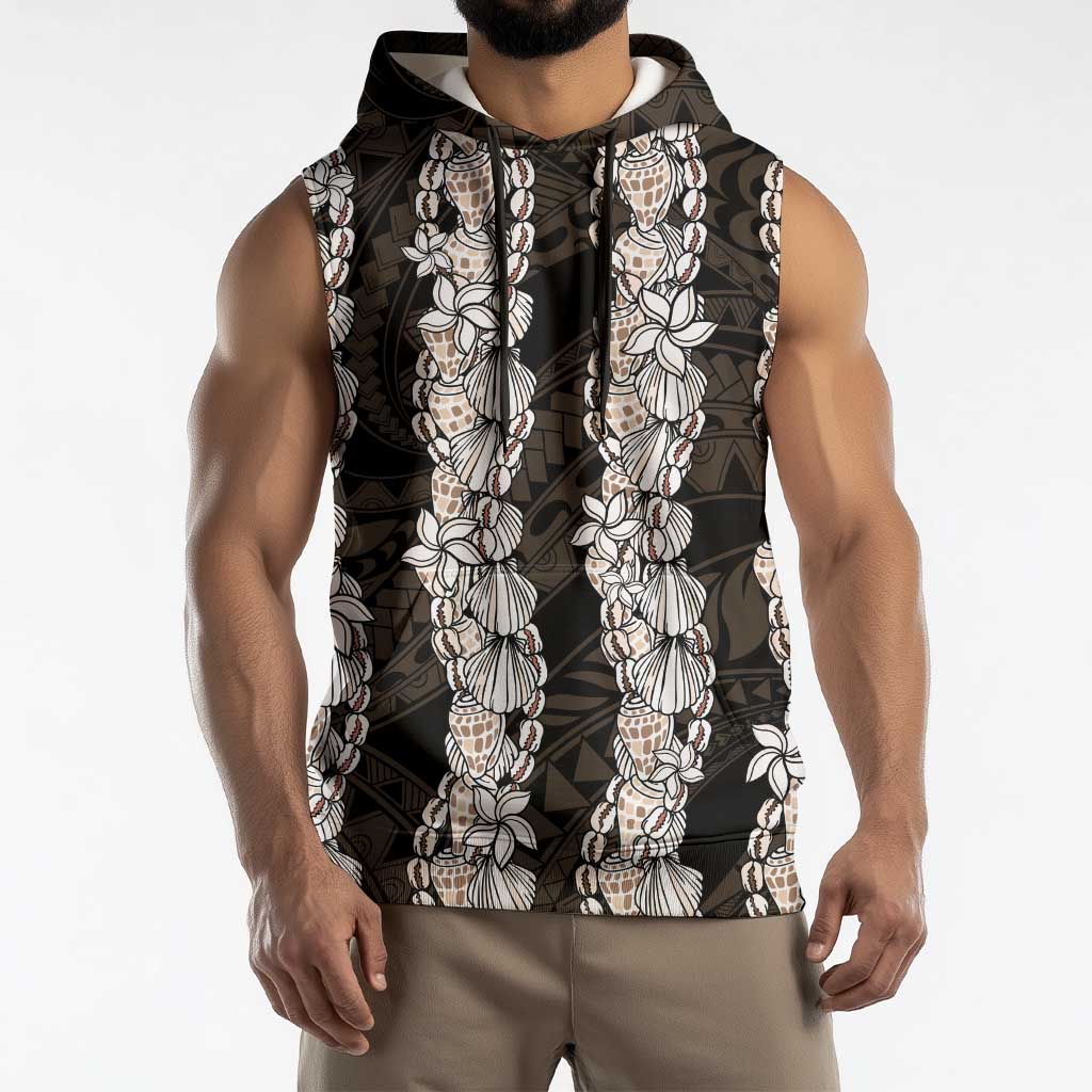 Black and Beige Hawaii Shell Lei Sleeveless Hoodie Hawaiian Sunrise Shell Hebrew Cone Plumeria - Polynesian Pride