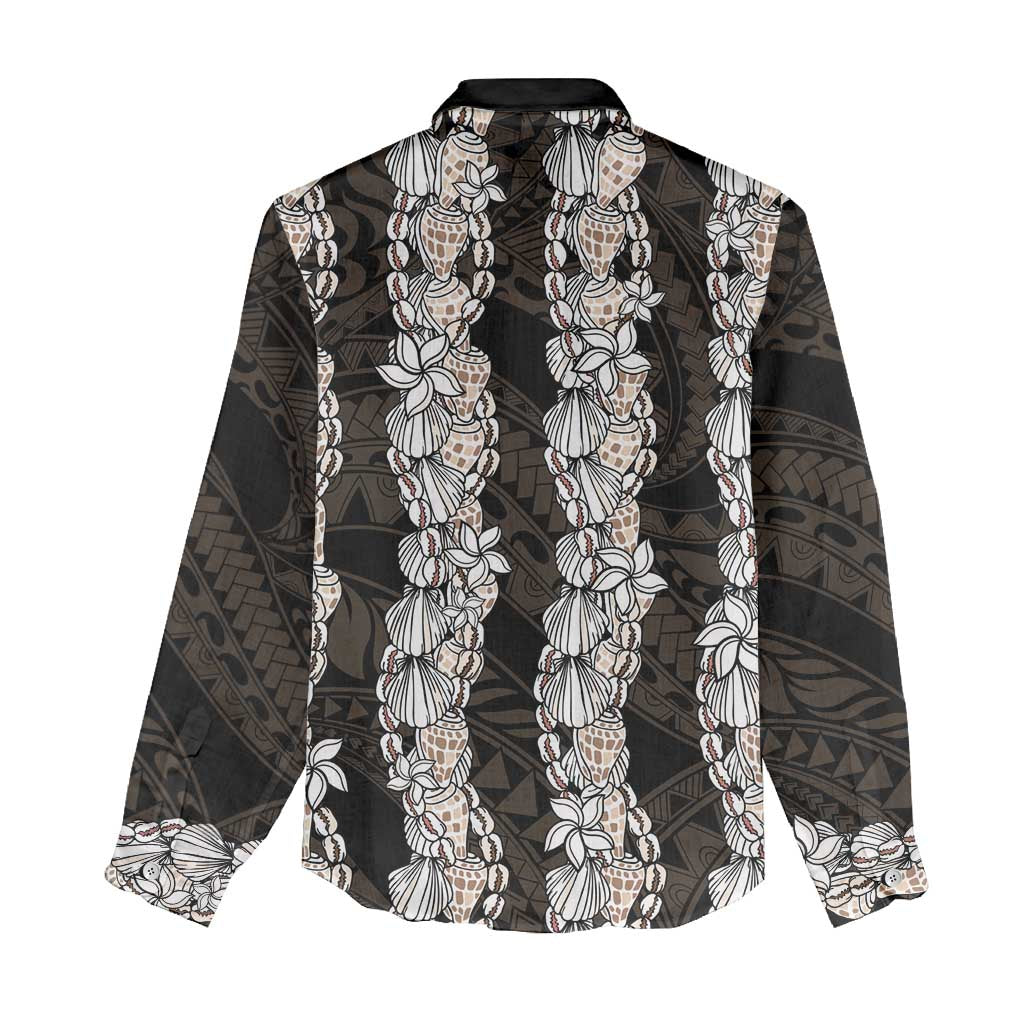 Black and Beige Hawaii Shell Lei Women Casual Shirt Hawaiian Sunrise Shell Hebrew Cone Plumeria - Polynesian Pride