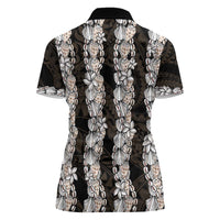 Black and Beige Hawaii Shell Lei Women Polo Shirt Hawaiian Sunrise Shell Hebrew Cone Plumeria - Polynesian Pride