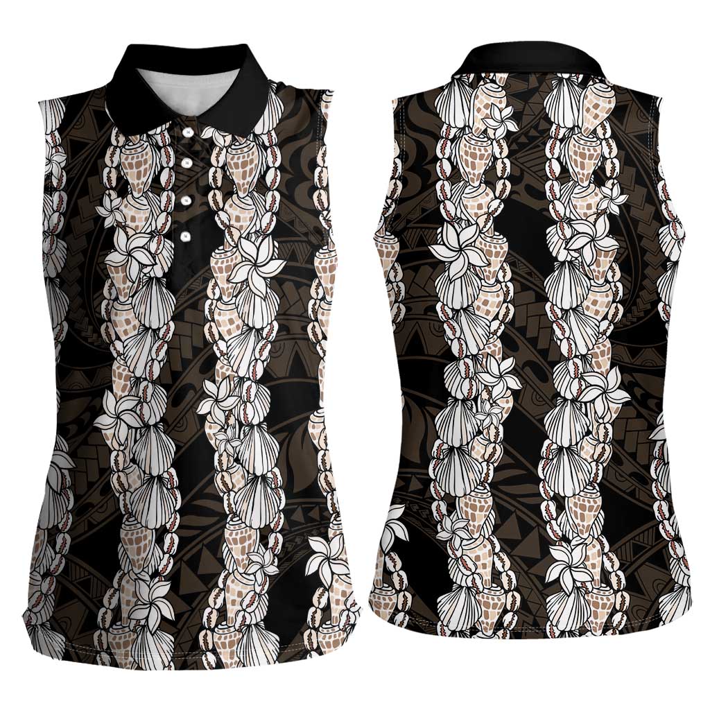 Black and Beige Hawaii Shell Lei Women Sleeveless Polo Shirt Hawaiian Sunrise Shell Hebrew Cone Plumeria - Polynesian Pride