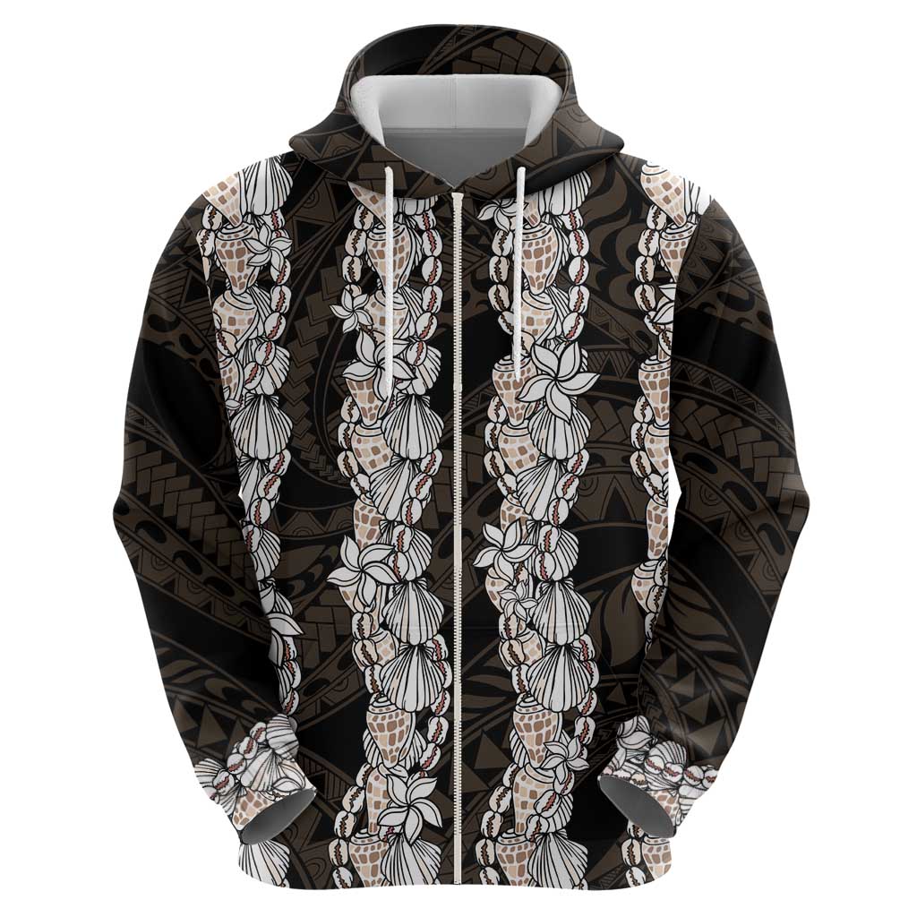 Black and Beige Hawaii Shell Lei Zip Hoodie Hawaiian Sunrise Shell Hebrew Cone Plumeria - Polynesian Pride