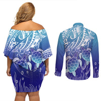 Polynesia Sea Turtle Couples Matching Off Shoulder Short Dress and Long Sleeve Button Shirt Happy Valentine Day Polynesian - Dark Cyan LT14 - Polynesian Pride