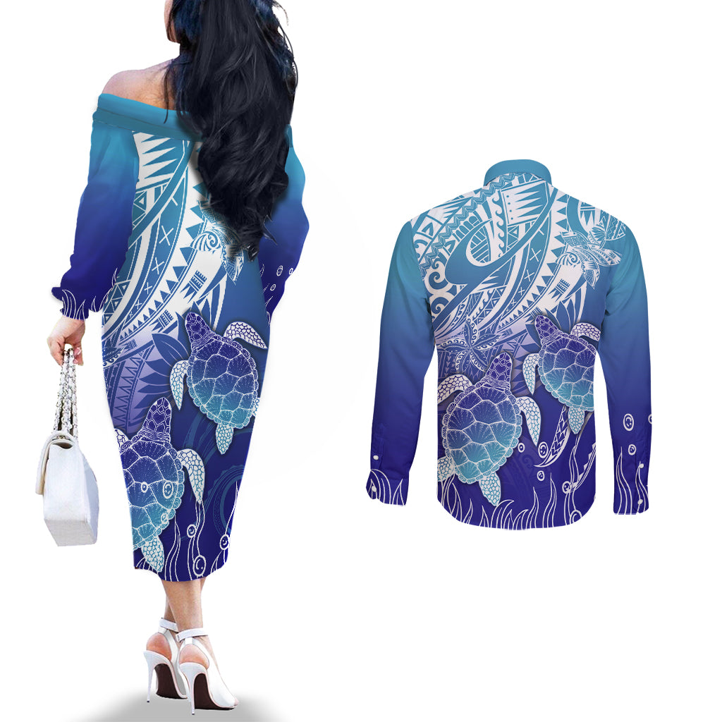 Polynesia Sea Turtle Couples Matching Off The Shoulder Long Sleeve Dress and Long Sleeve Button Shirt Happy Valentine Day Polynesian - Dark Cyan LT14 - Polynesian Pride