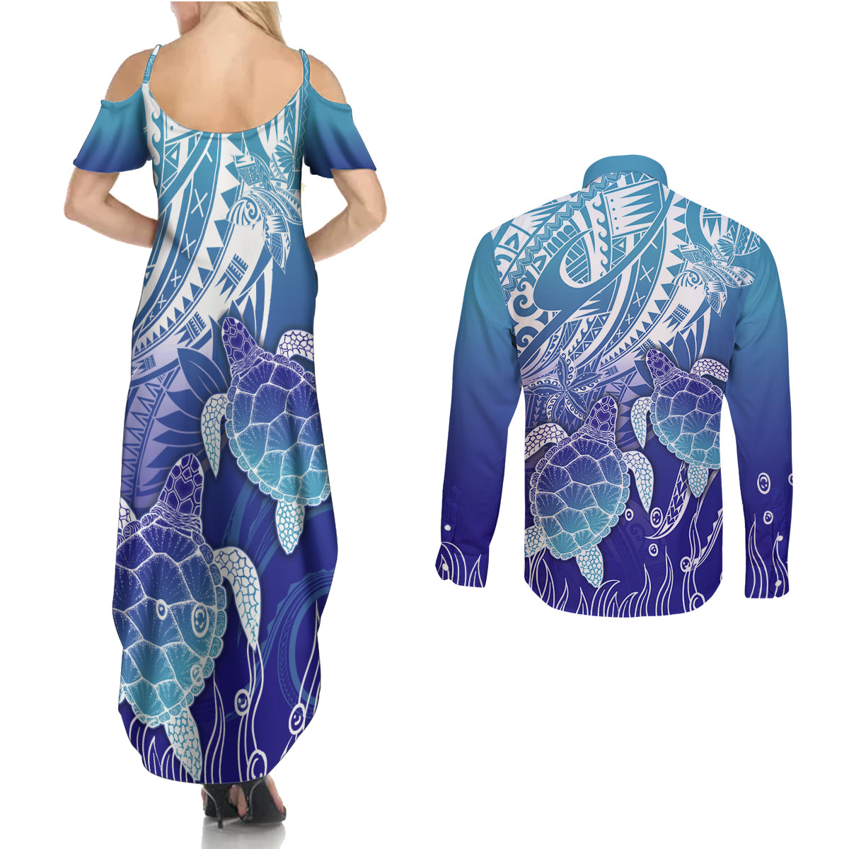 Polynesia Sea Turtle Couples Matching Summer Maxi Dress and Long Sleeve Button Shirt Happy Valentine Day Polynesian - Dark Cyan LT14 - Polynesian Pride