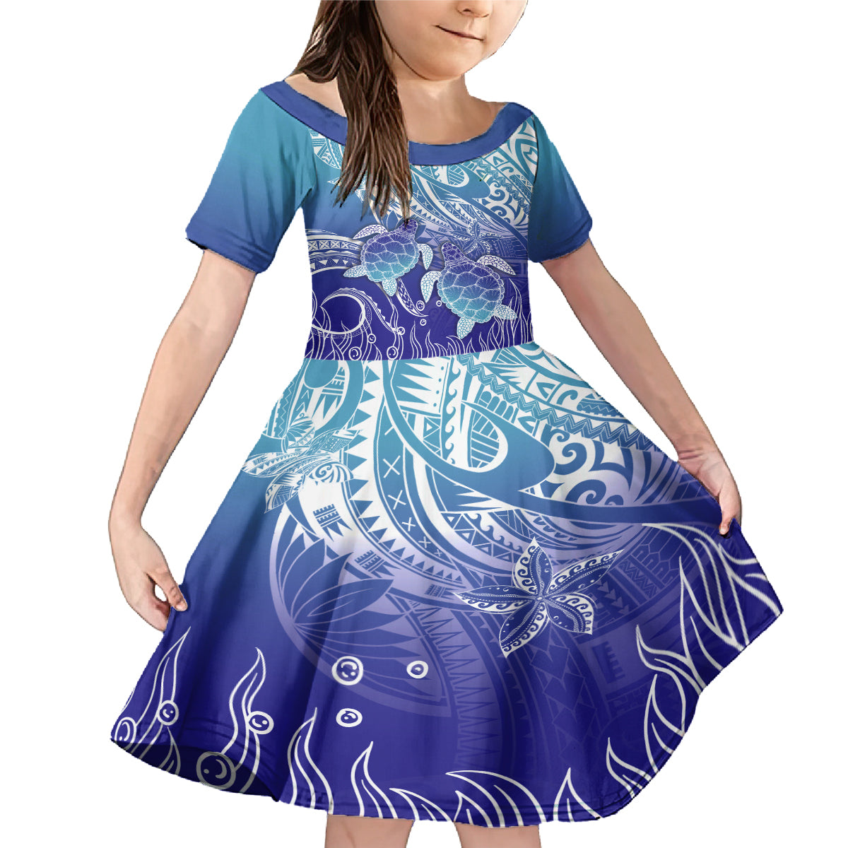 Polynesia Sea Turtle Family Matching Mermaid Dress and Hawaiian Shirt Happy Valentine Day Polynesian - Dark Cyan LT14 Daughter's Dress Dark Cyan - Polynesian Pride