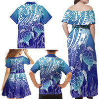 Polynesia Sea Turtle Family Matching Off Shoulder Maxi Dress and Hawaiian Shirt Happy Valentine Day Polynesian - Dark Cyan LT14 - Polynesian Pride