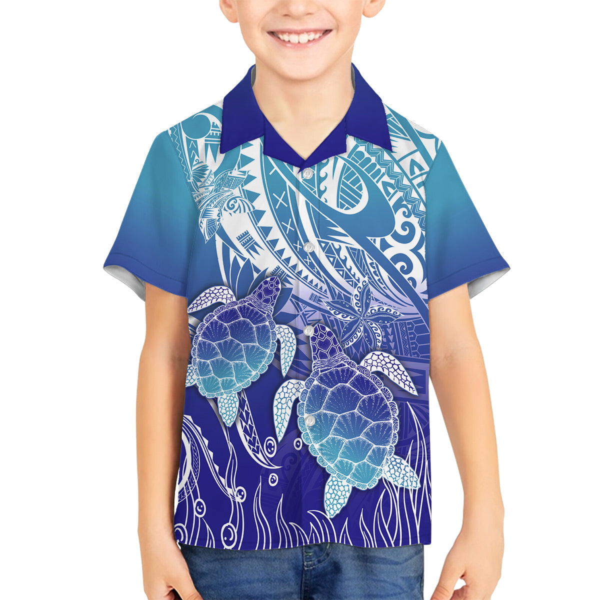 Polynesia Sea Turtle Family Matching Tank Maxi Dress and Hawaiian Shirt Happy Valentine Day Polynesian - Dark Cyan LT14 Son's Shirt Dark Cyan - Polynesian Pride