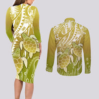 Polynesia Sea Turtle Couples Matching Long Sleeve Bodycon Dress and Long Sleeve Button Shirt Happy Valentine Day Polynesian - Gold LT14 - Polynesian Pride