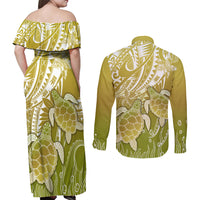 Polynesia Sea Turtle Couples Matching Off Shoulder Maxi Dress and Long Sleeve Button Shirt Happy Valentine Day Polynesian - Gold LT14 - Polynesian Pride
