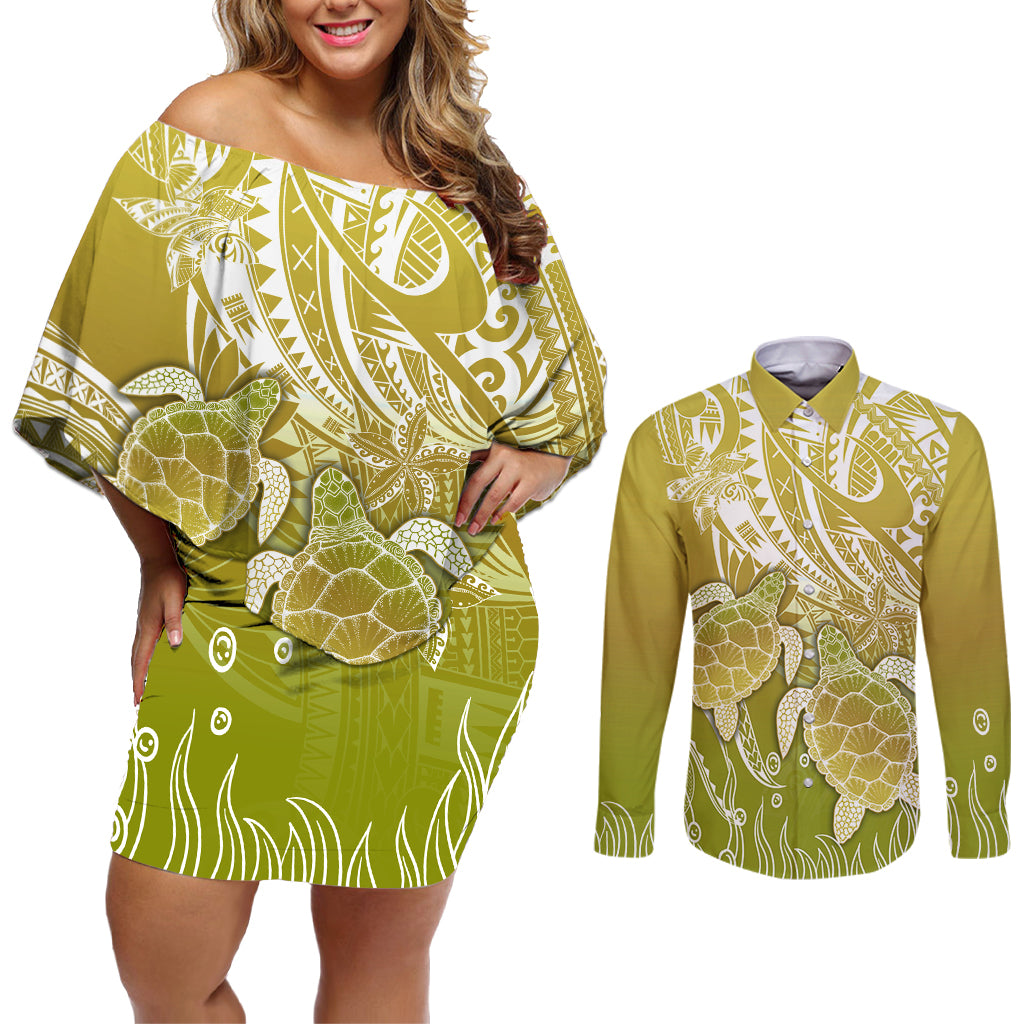 Polynesia Sea Turtle Couples Matching Off Shoulder Short Dress and Long Sleeve Button Shirt Happy Valentine Day Polynesian - Gold LT14 Gold - Polynesian Pride