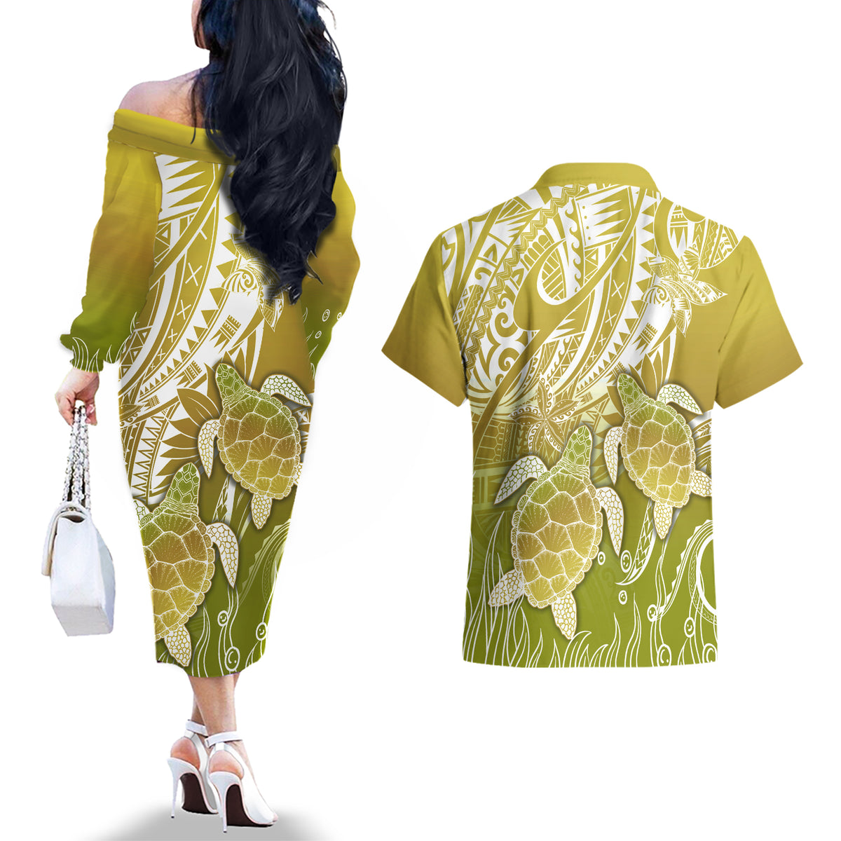 Polynesia Sea Turtle Couples Matching Off The Shoulder Long Sleeve Dress and Hawaiian Shirt Happy Valentine Day Polynesian - Gold LT14 - Polynesian Pride