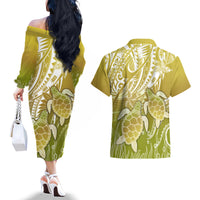 Polynesia Sea Turtle Couples Matching Off The Shoulder Long Sleeve Dress and Hawaiian Shirt Happy Valentine Day Polynesian - Gold LT14 - Polynesian Pride