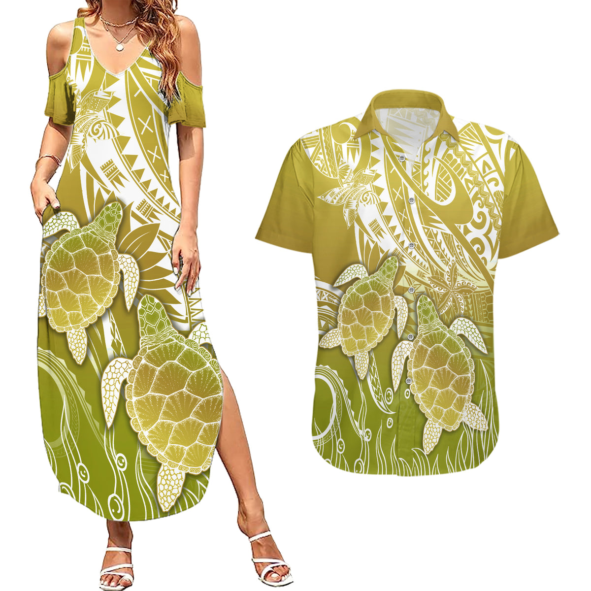 Polynesia Sea Turtle Couples Matching Summer Maxi Dress and Hawaiian Shirt Happy Valentine Day Polynesian - Gold LT14 Gold - Polynesian Pride