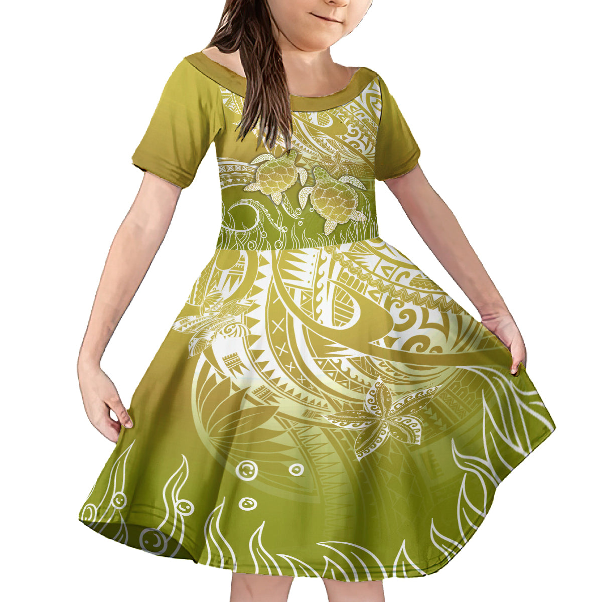 Polynesia Sea Turtle Family Matching Off Shoulder Long Sleeve Dress and Hawaiian Shirt Happy Valentine Day Polynesian - Gold LT14 Daughter's Dress Gold - Polynesian Pride