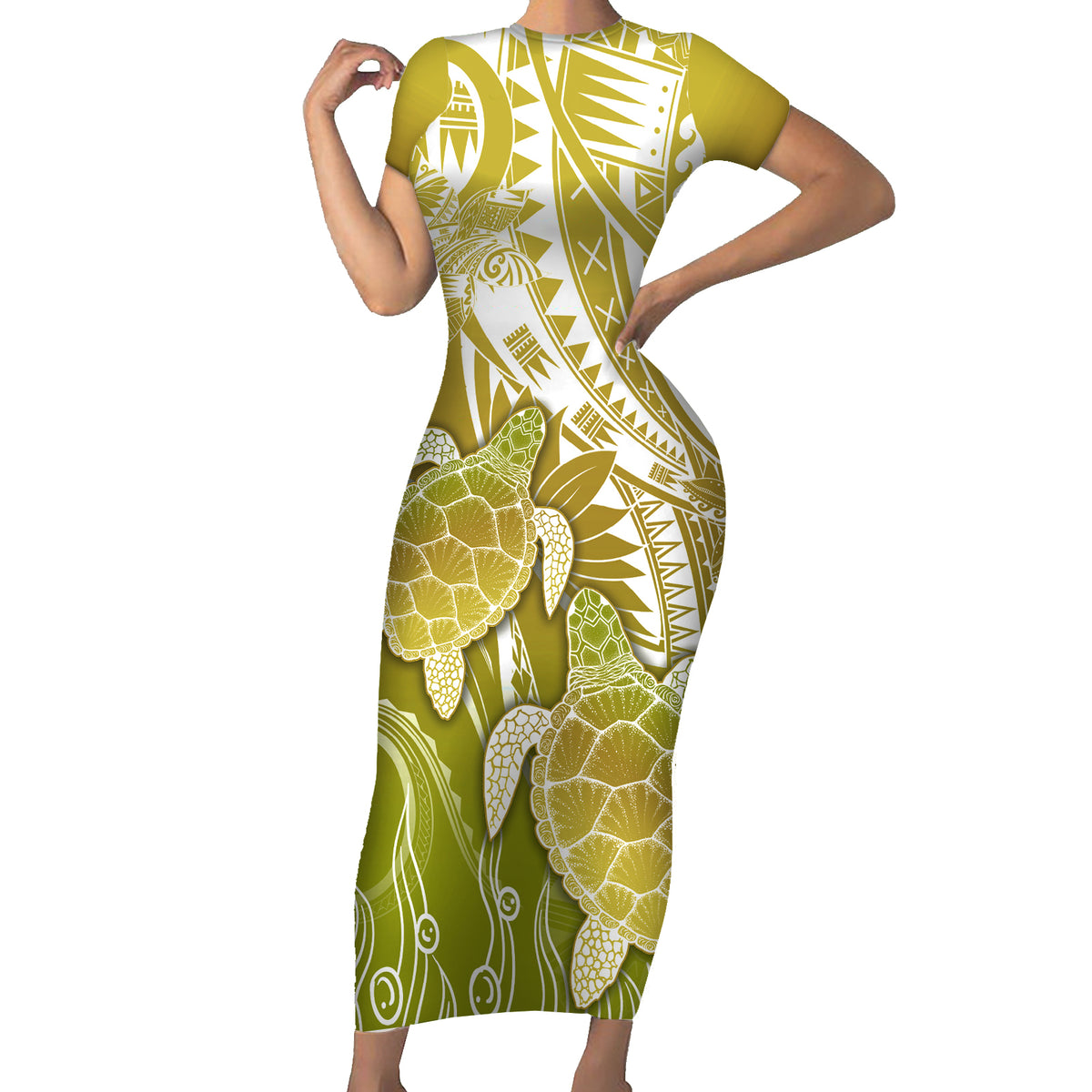 Polynesia Sea Turtle Family Matching Short Sleeve Bodycon Dress and Hawaiian Shirt Happy Valentine Day Polynesian - Gold LT14 Mom's Dress Gold - Polynesian Pride