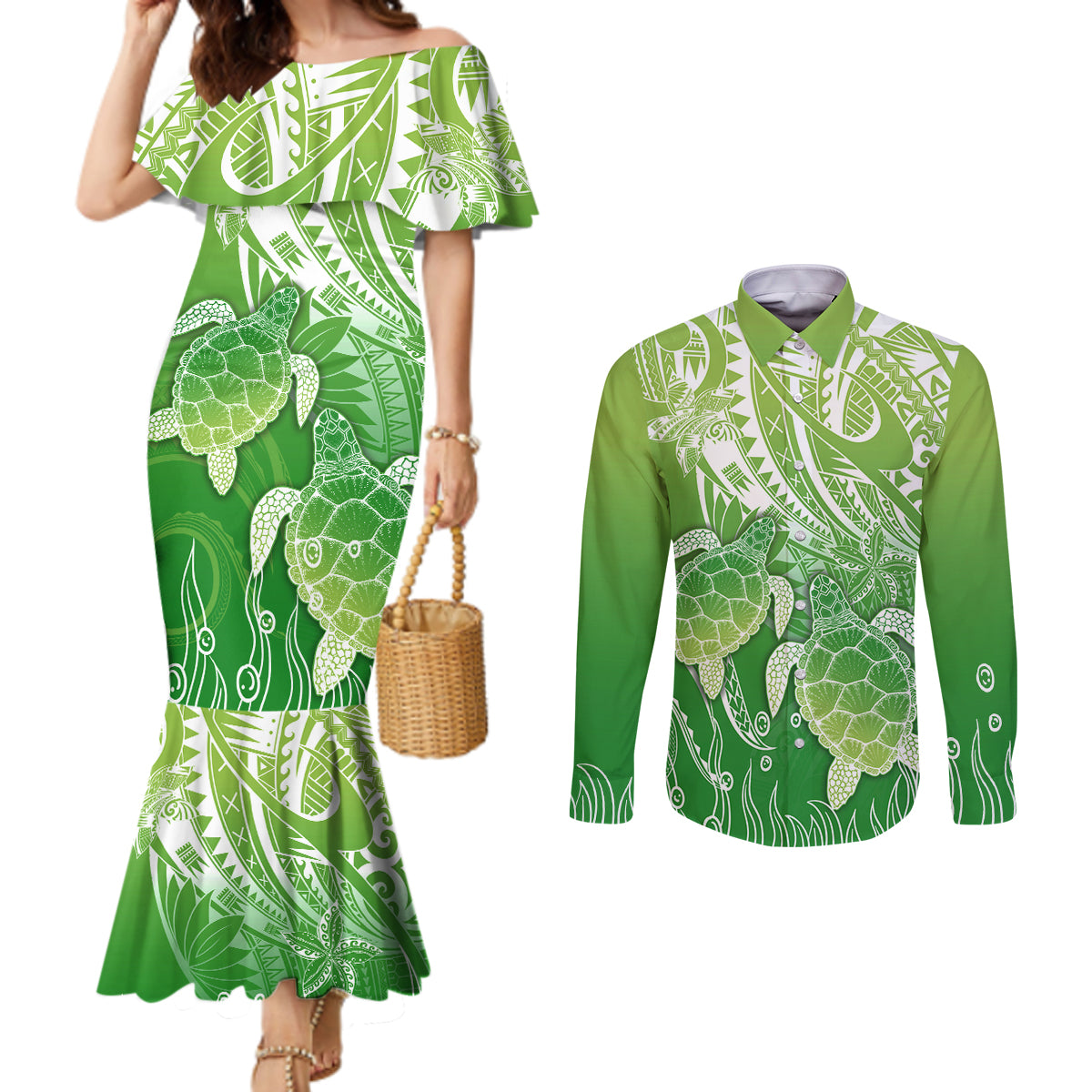 Polynesia Sea Turtle Couples Matching Mermaid Dress and Long Sleeve Button Shirt Happy Valentine Day Polynesian - Green LT14 Green - Polynesian Pride