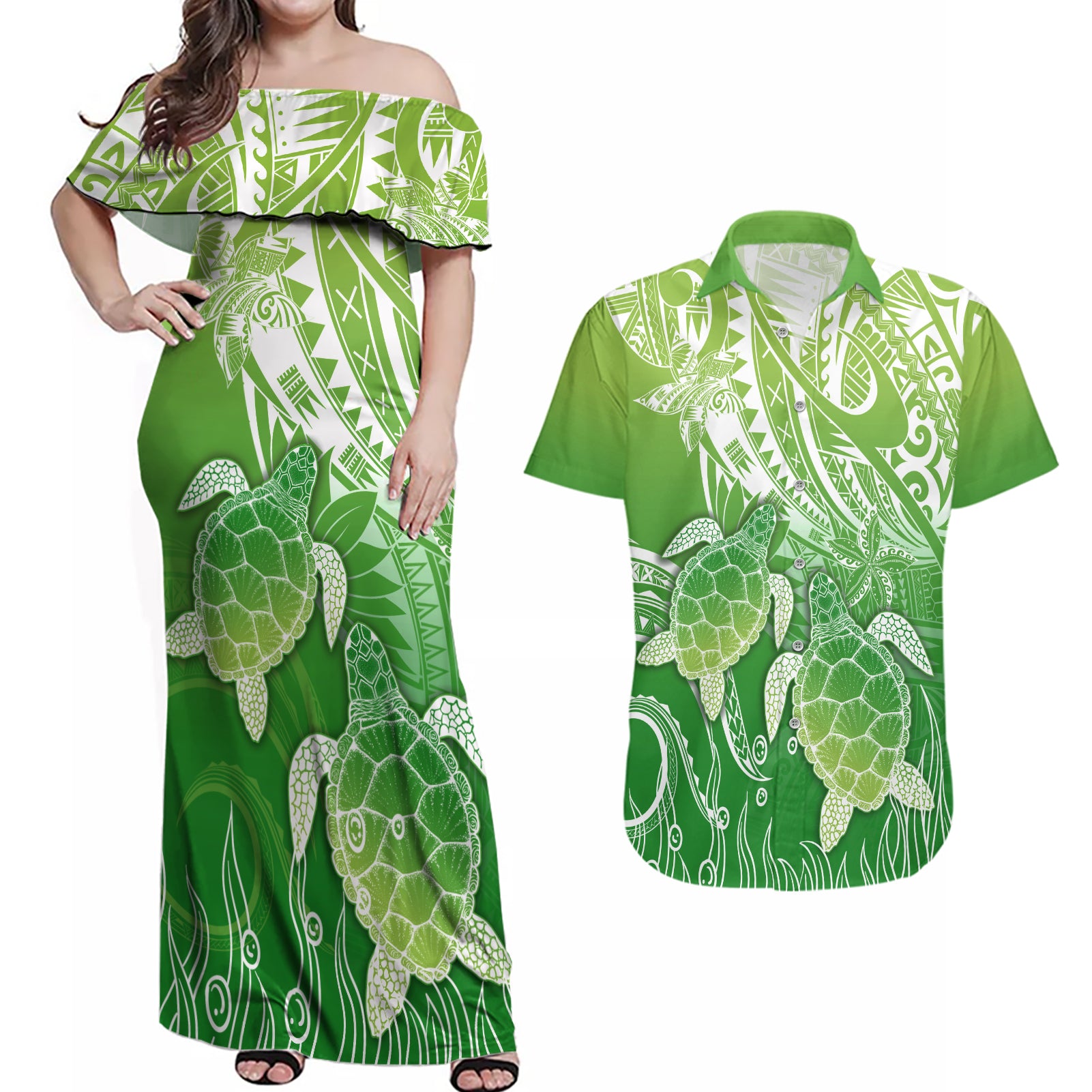 Polynesia Sea Turtle Couples Matching Off Shoulder Maxi Dress and Hawaiian Shirt Happy Valentine Day Polynesian - Green LT14 Green - Polynesian Pride