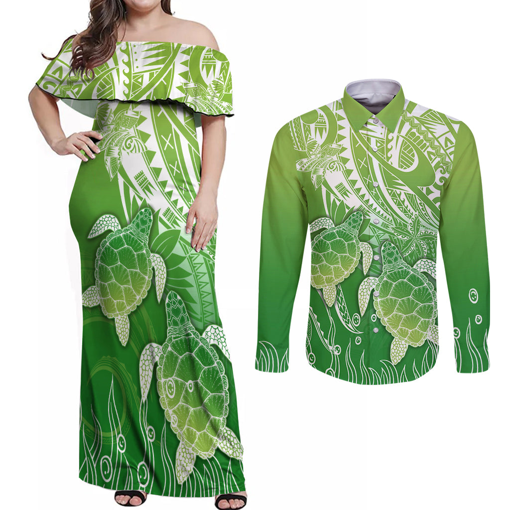 Polynesia Sea Turtle Couples Matching Off Shoulder Maxi Dress and Long Sleeve Button Shirt Happy Valentine Day Polynesian - Green LT14 Green - Polynesian Pride
