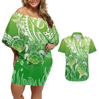 Polynesia Sea Turtle Couples Matching Off Shoulder Short Dress and Hawaiian Shirt Happy Valentine Day Polynesian - Green LT14 Green - Polynesian Pride