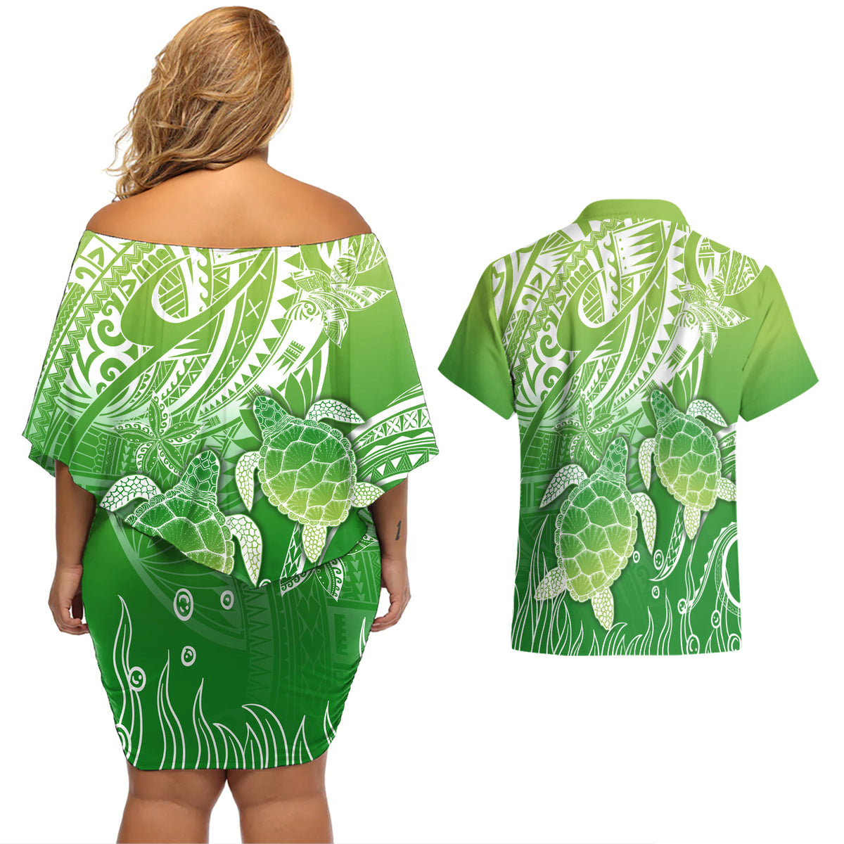 Polynesia Sea Turtle Couples Matching Off Shoulder Short Dress and Hawaiian Shirt Happy Valentine Day Polynesian - Green LT14 - Polynesian Pride