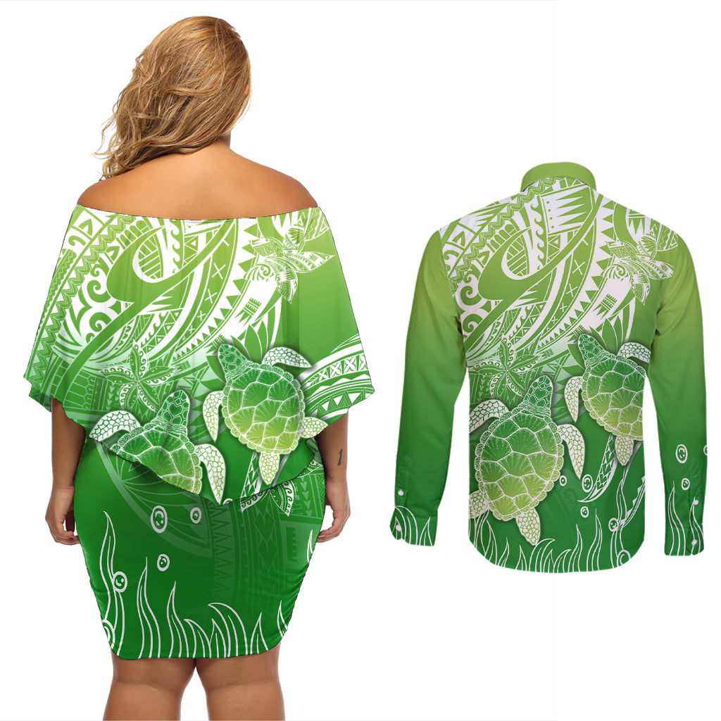 Polynesia Sea Turtle Couples Matching Off Shoulder Short Dress and Long Sleeve Button Shirt Happy Valentine Day Polynesian - Green LT14 - Polynesian Pride