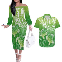 Polynesia Sea Turtle Couples Matching Off The Shoulder Long Sleeve Dress and Hawaiian Shirt Happy Valentine Day Polynesian - Green LT14 Green - Polynesian Pride