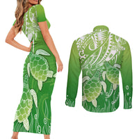 Polynesia Sea Turtle Couples Matching Short Sleeve Bodycon Dress and Long Sleeve Button Shirt Happy Valentine Day Polynesian - Green LT14 - Polynesian Pride