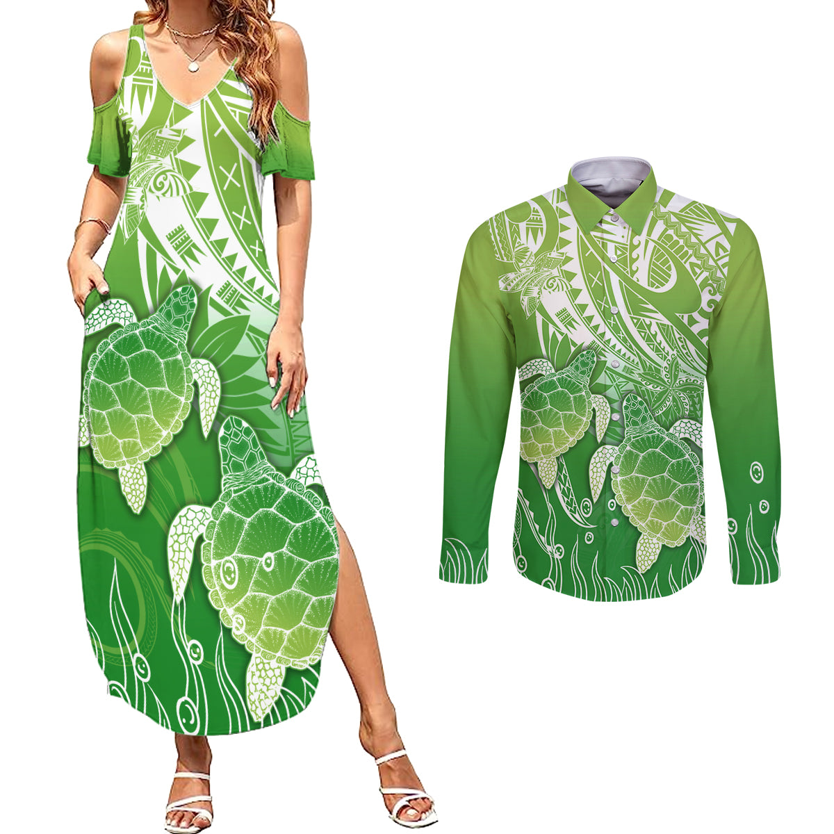 Polynesia Sea Turtle Couples Matching Summer Maxi Dress and Long Sleeve Button Shirt Happy Valentine Day Polynesian - Green LT14 Green - Polynesian Pride