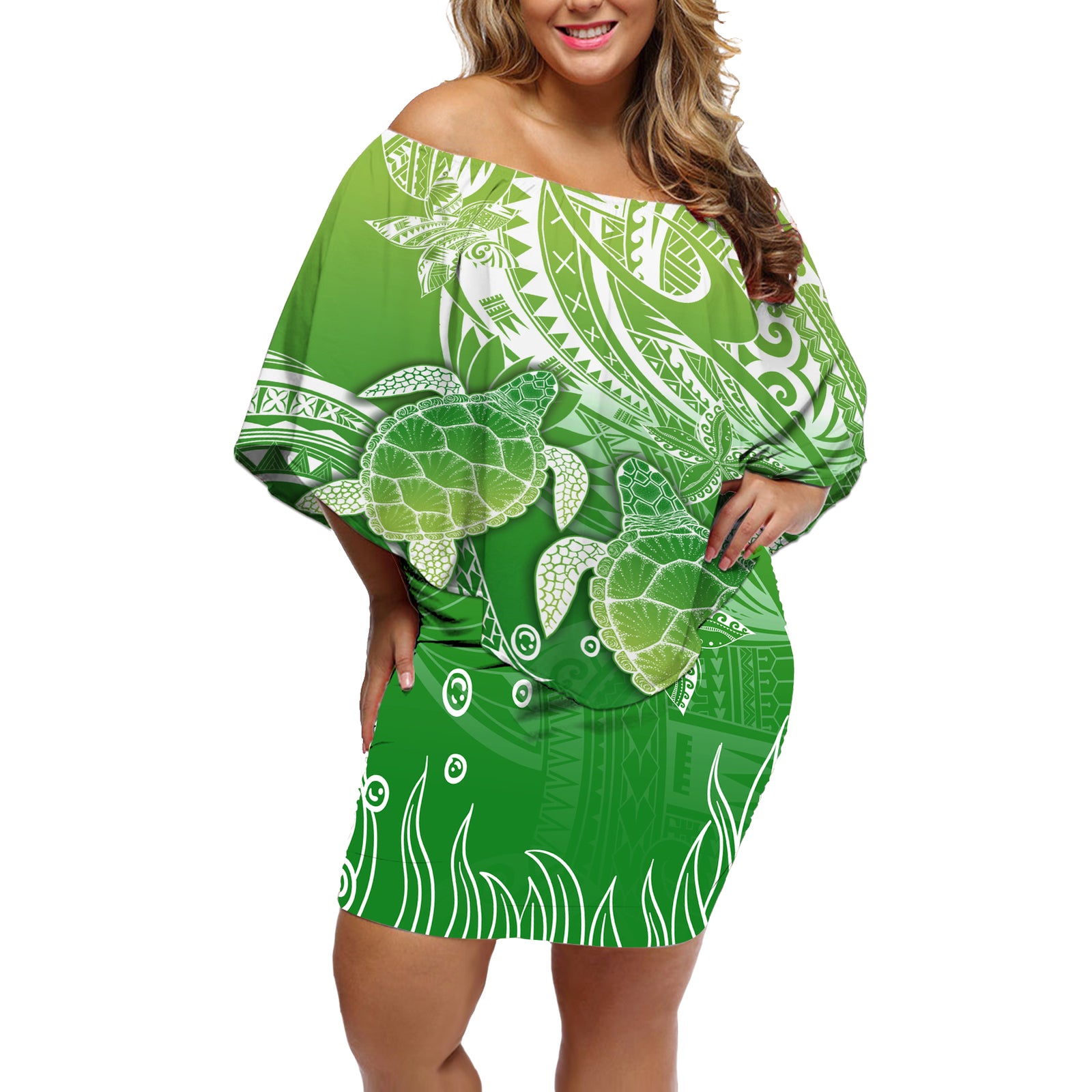 Polynesia Sea Turtle Off Shoulder Short Dress Happy Valentine Day Polynesian - Green LT14 Women Green - Polynesian Pride