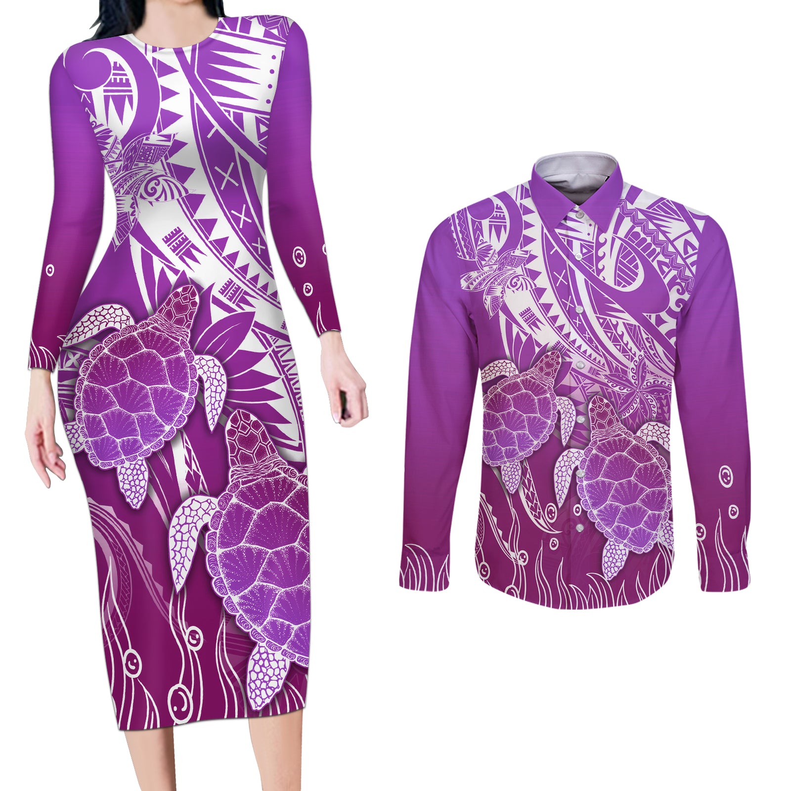 Polynesia Valentine Day Couples Matching Long Sleeve Bodycon Dress and Long Sleeve Button Shirt Polynesian Sea Turtle Purple Version LT14 Purple - Polynesian Pride