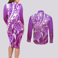 Polynesia Valentine Day Couples Matching Long Sleeve Bodycon Dress and Long Sleeve Button Shirt Polynesian Sea Turtle Purple Version LT14 - Polynesian Pride