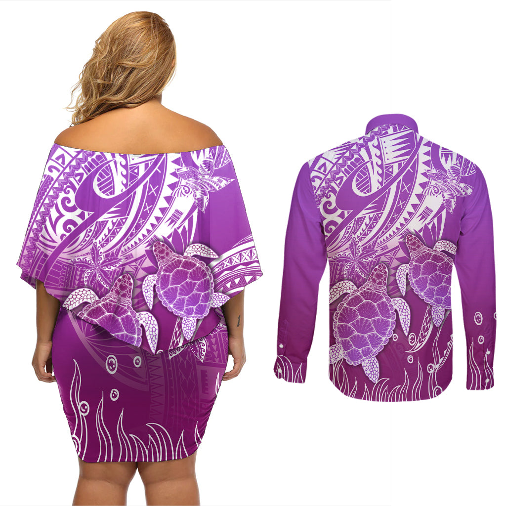 Polynesia Valentine Day Couples Matching Off Shoulder Short Dress and Long Sleeve Button Shirt Polynesian Sea Turtle Purple Version LT14 - Polynesian Pride