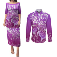 Polynesia Valentine Day Couples Matching Puletasi Dress and Long Sleeve Button Shirt Polynesian Sea Turtle Purple Version LT14 Purple - Polynesian Pride