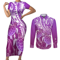 Polynesia Valentine Day Couples Matching Short Sleeve Bodycon Dress and Long Sleeve Button Shirt Polynesian Sea Turtle Purple Version LT14 Purple - Polynesian Pride