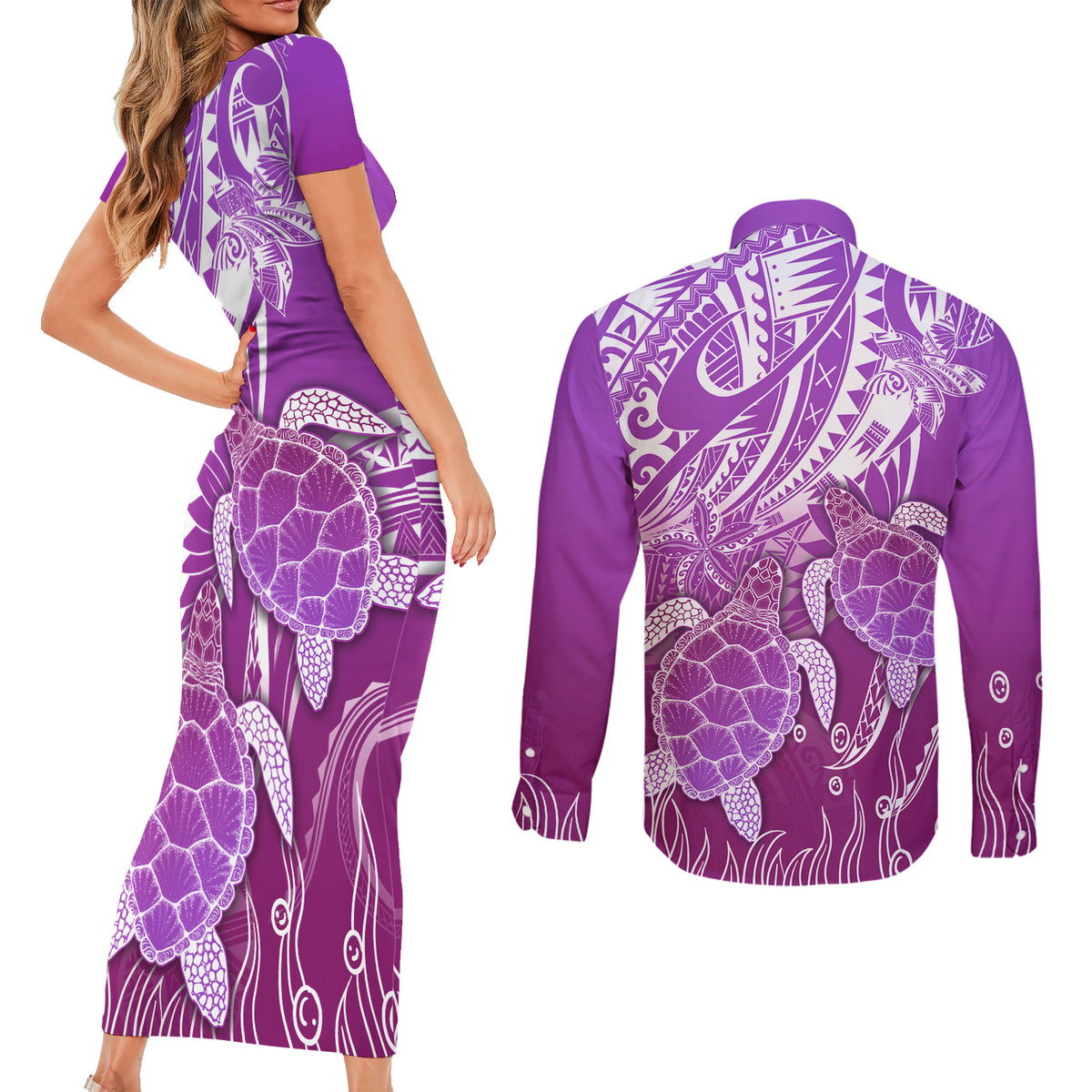 Polynesia Valentine Day Couples Matching Short Sleeve Bodycon Dress and Long Sleeve Button Shirt Polynesian Sea Turtle Purple Version LT14 - Polynesian Pride