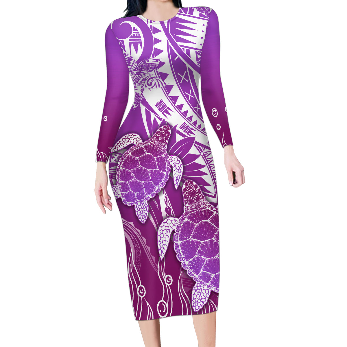 Polynesia Valentine Day Family Matching Long Sleeve Bodycon Dress and Hawaiian Shirt Polynesian Sea Turtle Purple Version LT14 Mom's Dress Purple - Polynesian Pride