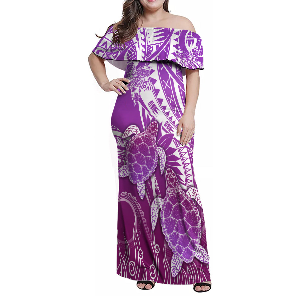 Polynesia Valentine Day Family Matching Off Shoulder Maxi Dress and Hawaiian Shirt Polynesian Sea Turtle Purple Version LT14 Mom's Dress Purple - Polynesian Pride