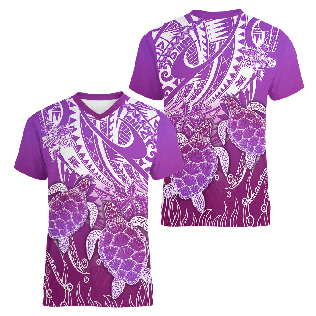 Polynesia Valentine Day Women V Neck T Shirt Polynesian Sea Turtle Purple Version LT14 - Polynesian Pride
