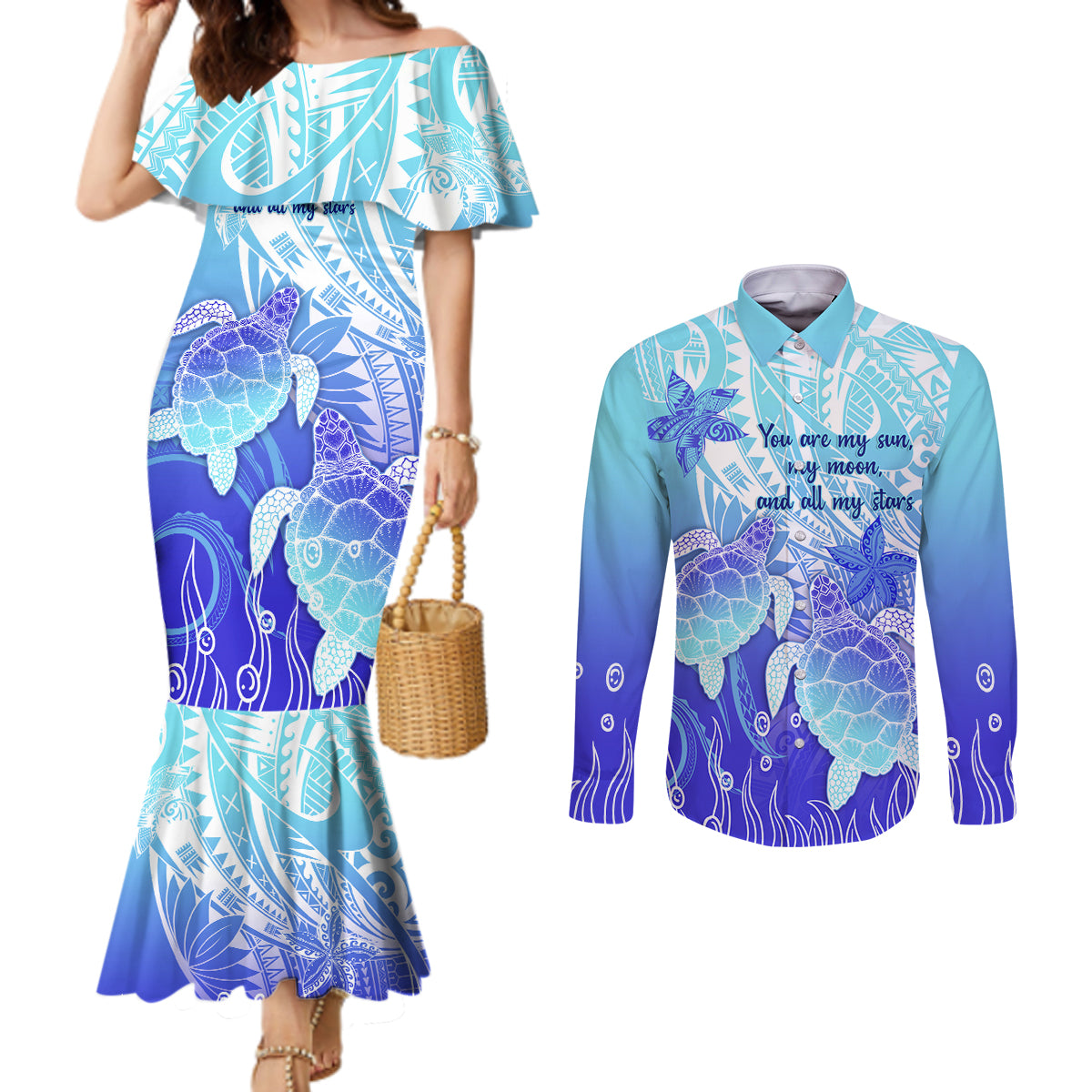 Polynesia Valentine Day Couples Matching Mermaid Dress and Long Sleeve Button Shirt Polynesian Sea Turtle Turquoise Version LT14 Turquoise - Polynesian Pride