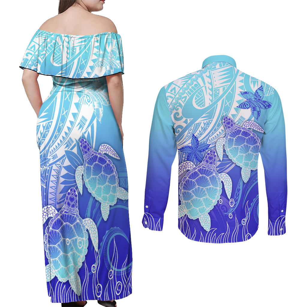 Polynesia Valentine Day Couples Matching Off Shoulder Maxi Dress and Long Sleeve Button Shirt Polynesian Sea Turtle Turquoise Version LT14 - Polynesian Pride